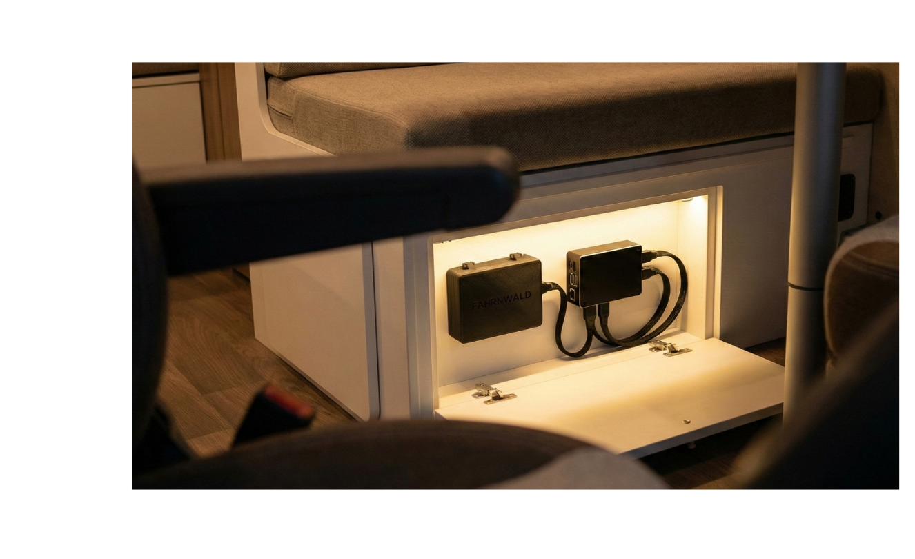 Geöffnete Service-Klappe unter einer Camper-Sitzbank mit beleuchteter Technik-Installation. Zu sehen sind das schwarze Fahrnwald-Steuergerät und ein vernetzter Computer-Hub mit sauber verlegten Kabeln.