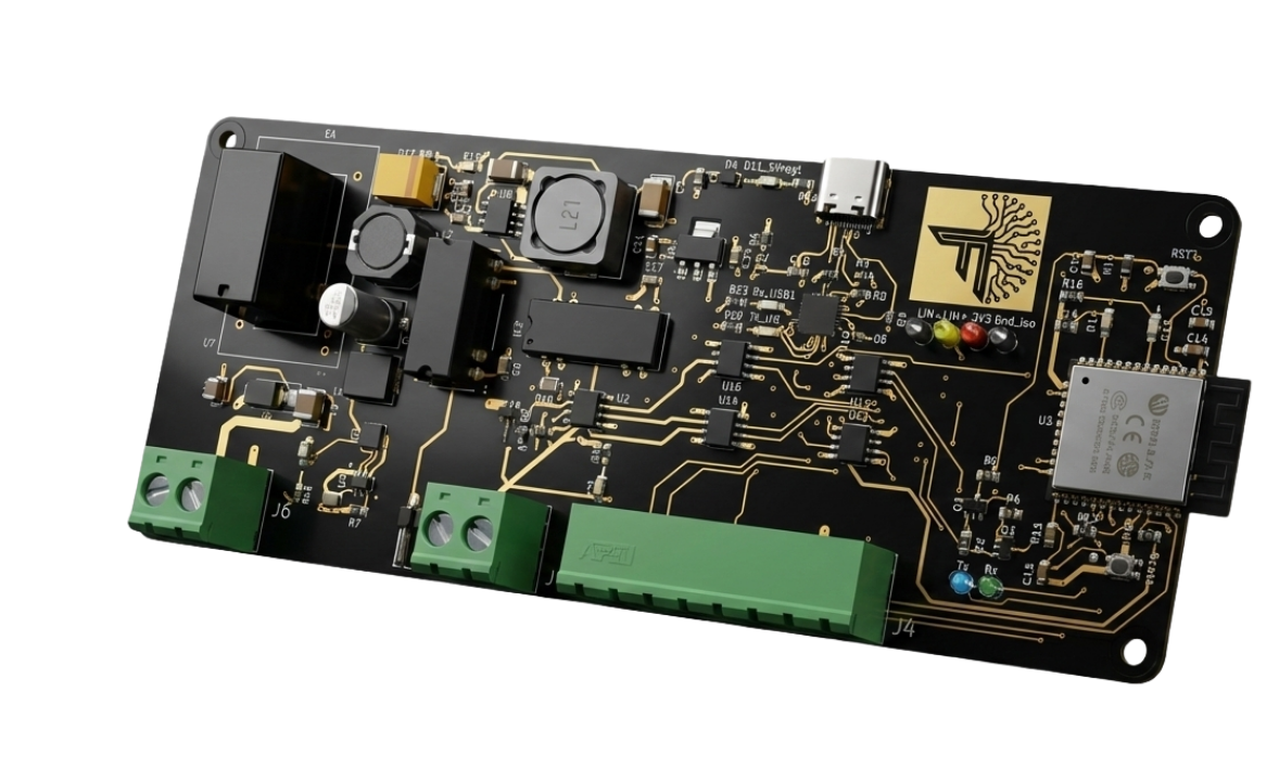 Detailaufnahme der schwarzen Fahrnwald-Leiterplatte (PCB) mit goldenen Leiterbahnen. Zu sehen sind ein ESP32-Mikrocontroller, grüne Anschlussklemmen, ein USB-C-Port sowie das goldene Fahrnwald-Logo oben rechts.